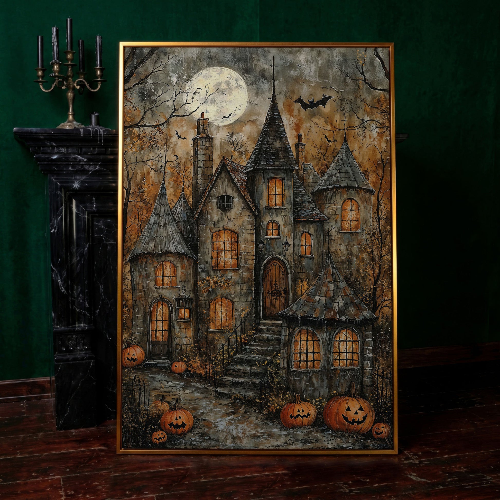 Haunted House with Pumpkins Canvas in antique gold floating frame