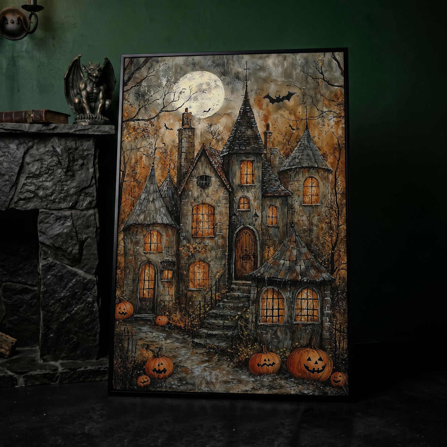 Haunted House with Pumpkins Canvas in black floating frame