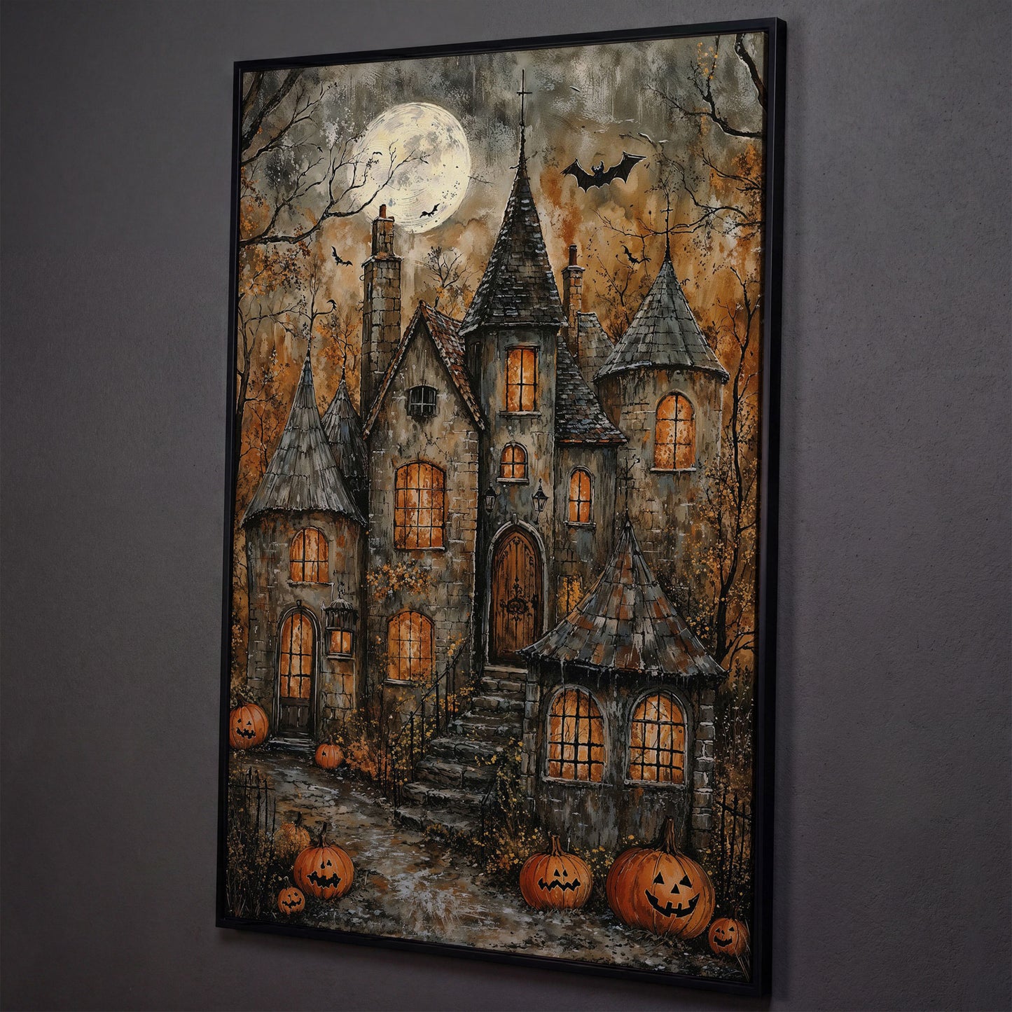 Haunted House with Pumpkins Canvas shown in black floating frame