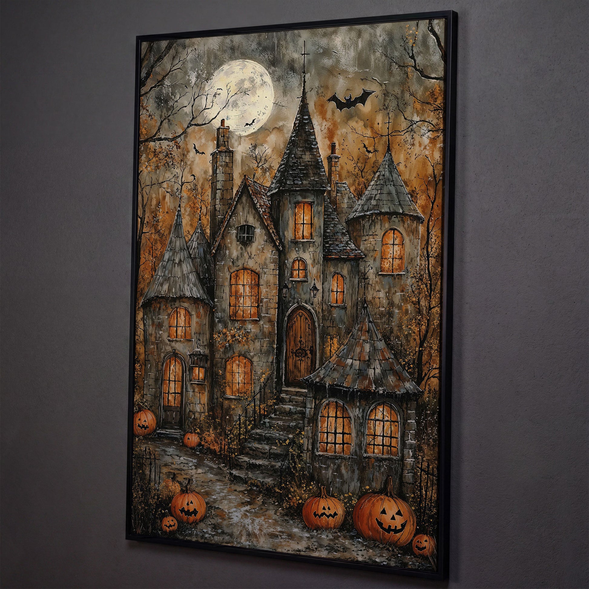 Haunted House with Pumpkins Canvas shown in black floating frame