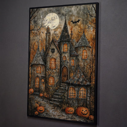Haunted House with Pumpkins Canvas shown in black floating frame