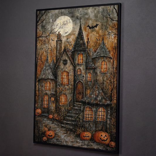 Haunted House with Pumpkins Canvas shown in black floating frame
