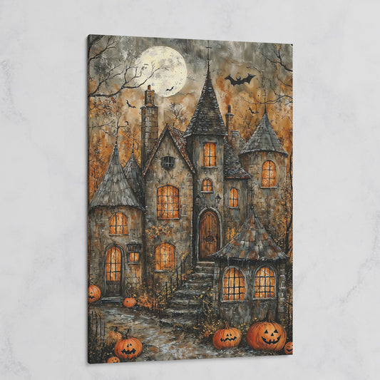 Haunted House with Pumpkins Canvas on gallery wrap