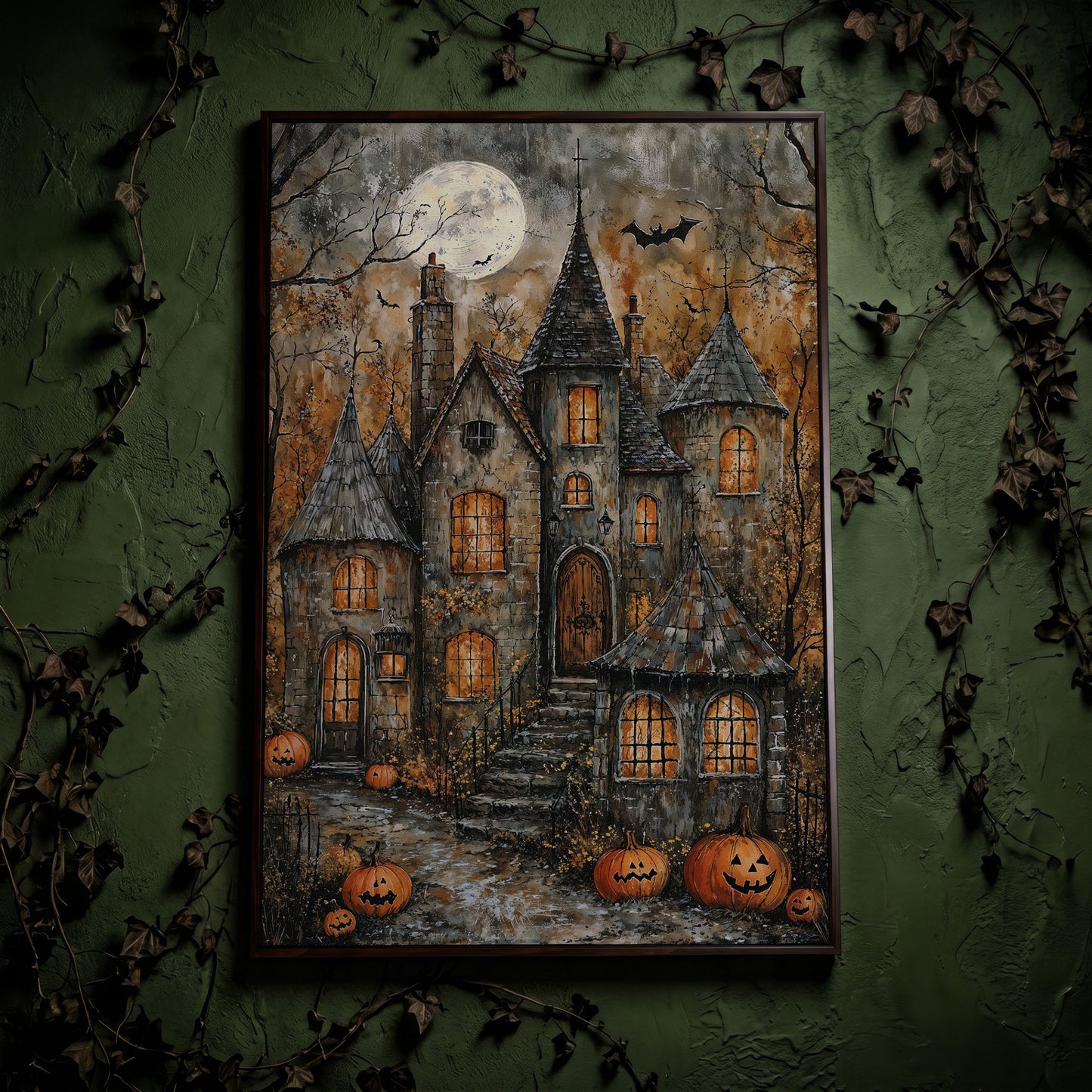 Haunted House with Pumpkins Canvas in dark walnut floating frame