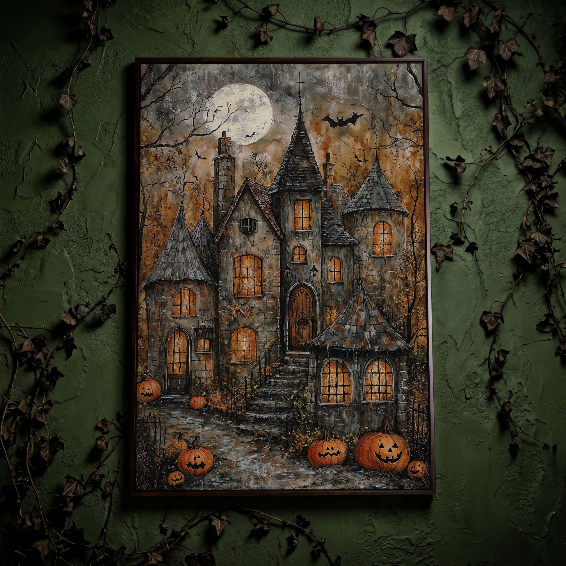 Haunted House with Pumpkins Canvas in dark walnut floating frame