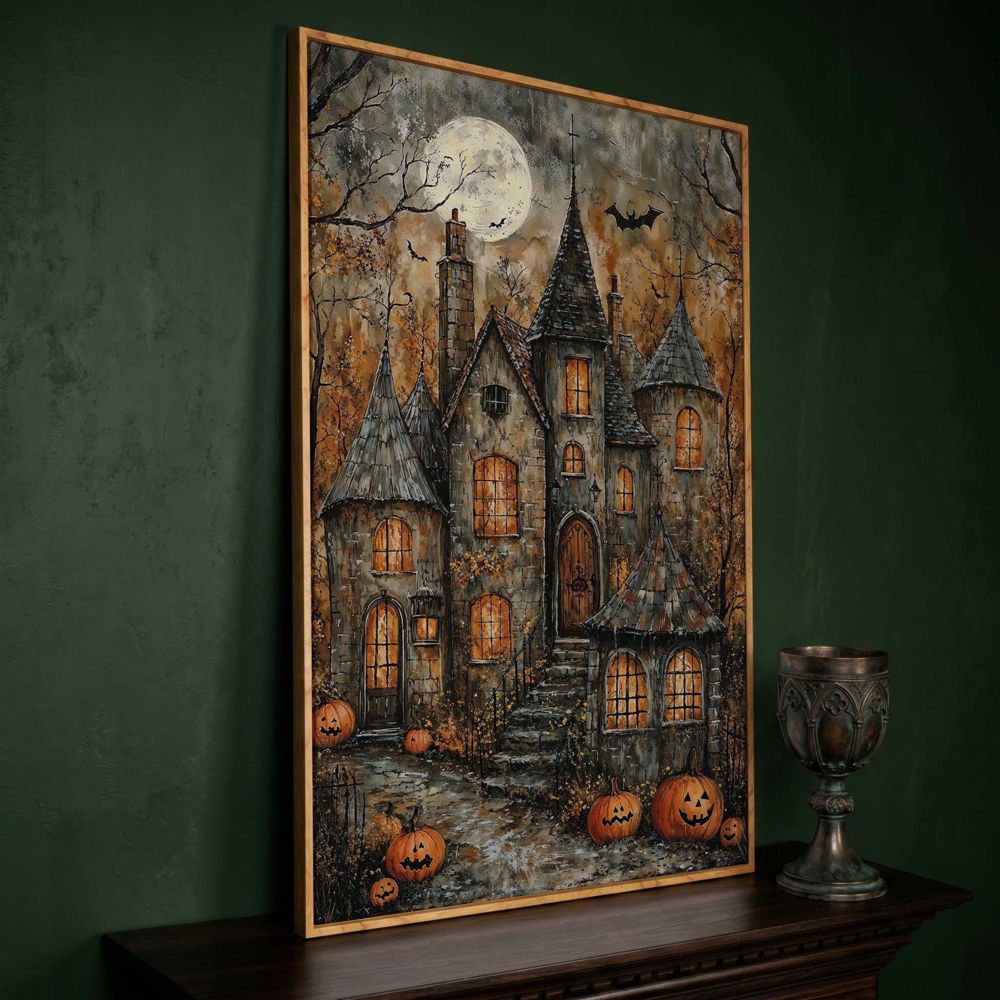 Haunted House with Pumpkins Canvas in white oak floating frame