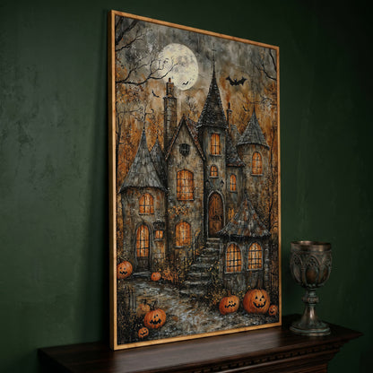 Haunted House with Pumpkins Canvas in white oak floating frame
