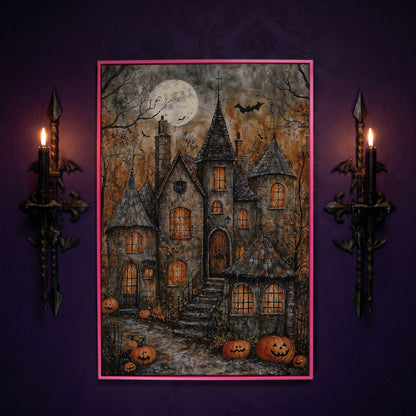 Haunted House with Pumpkins Canvas in pink floating frame