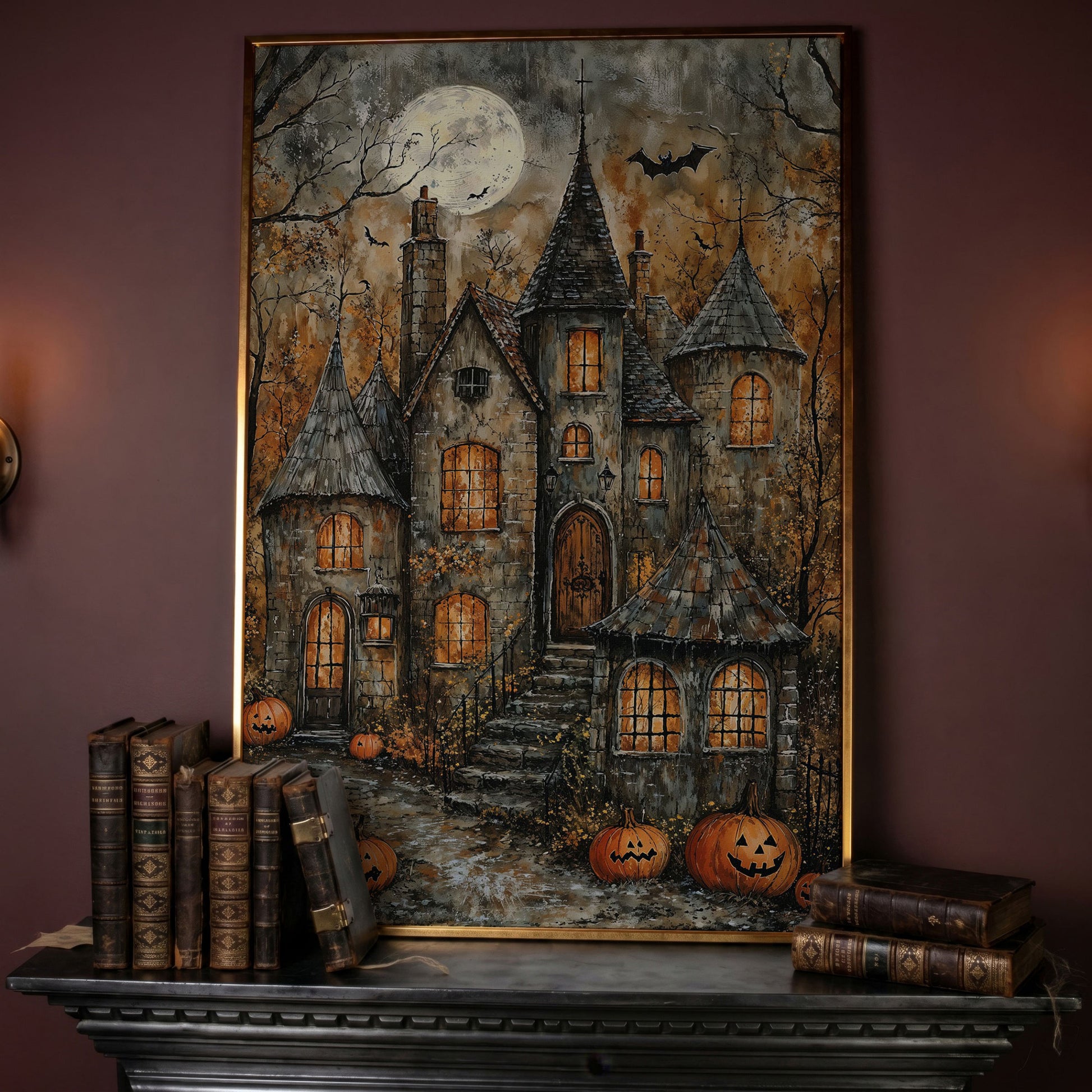 Haunted House with Pumpkins Canvas in rose gold floating frame