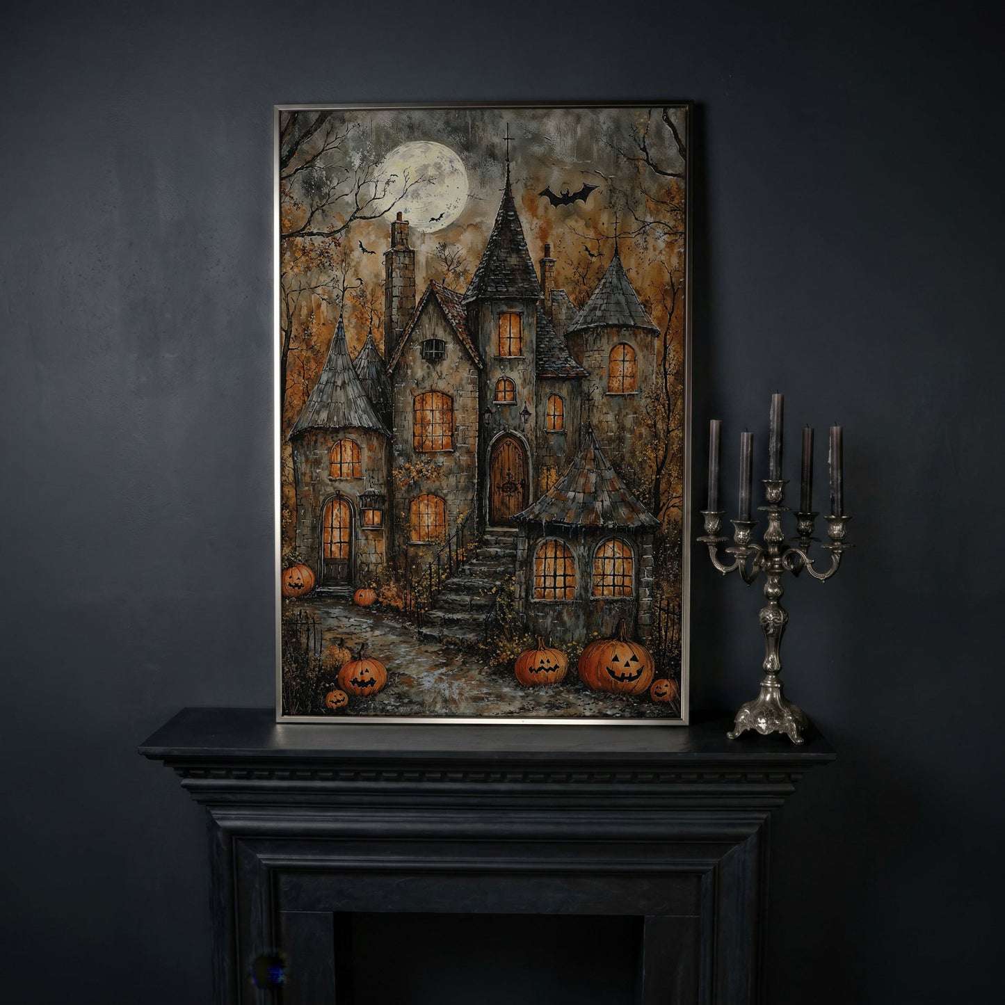 Haunted House with Pumpkins Canvas in silver floating frame