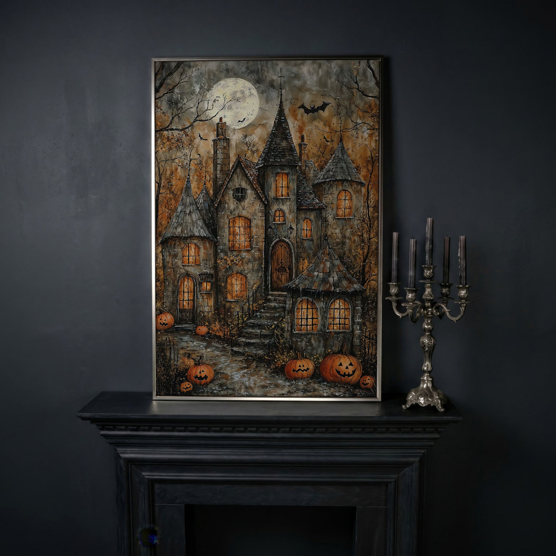Haunted House with Pumpkins Canvas in silver floating frame