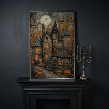 Haunted House with Pumpkins Canvas in silver floating frame
