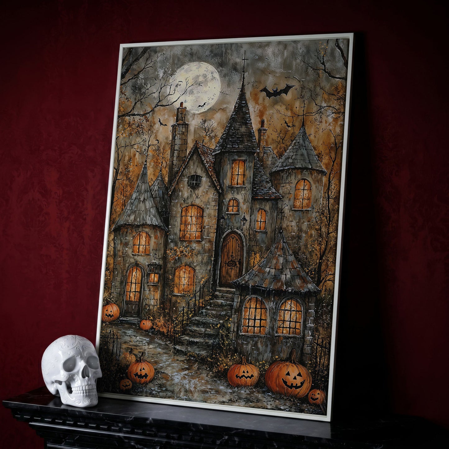 Haunted House with Pumpkins Canvas in white floating frame