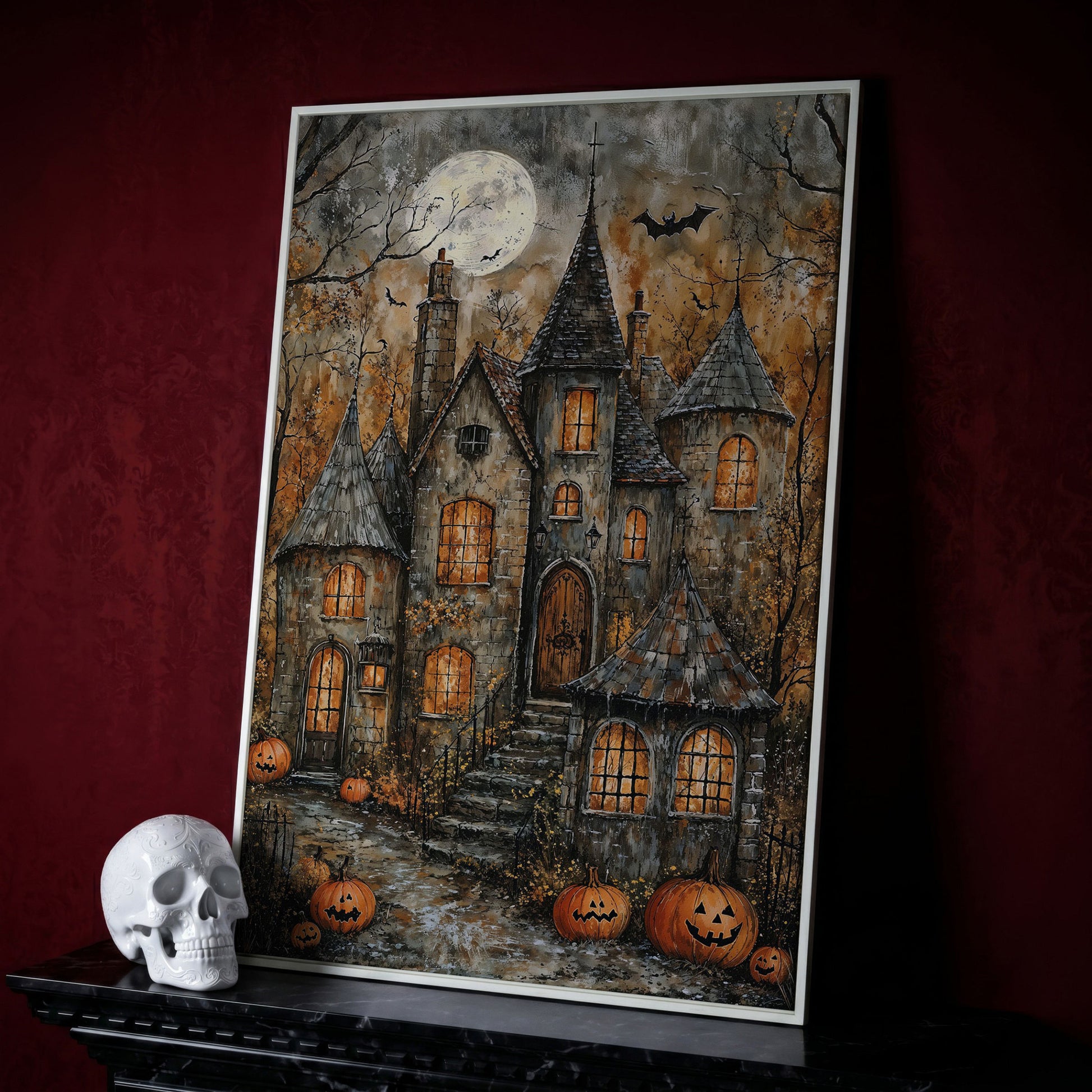 Haunted House with Pumpkins Canvas in white floating frame