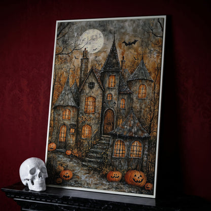 Haunted House with Pumpkins Canvas in white floating frame