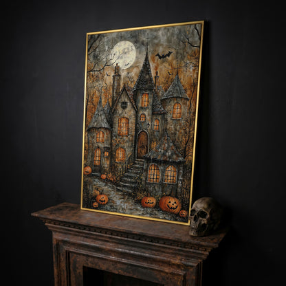 Haunted House with Pumpkins Canvas in yellow gold floating frame