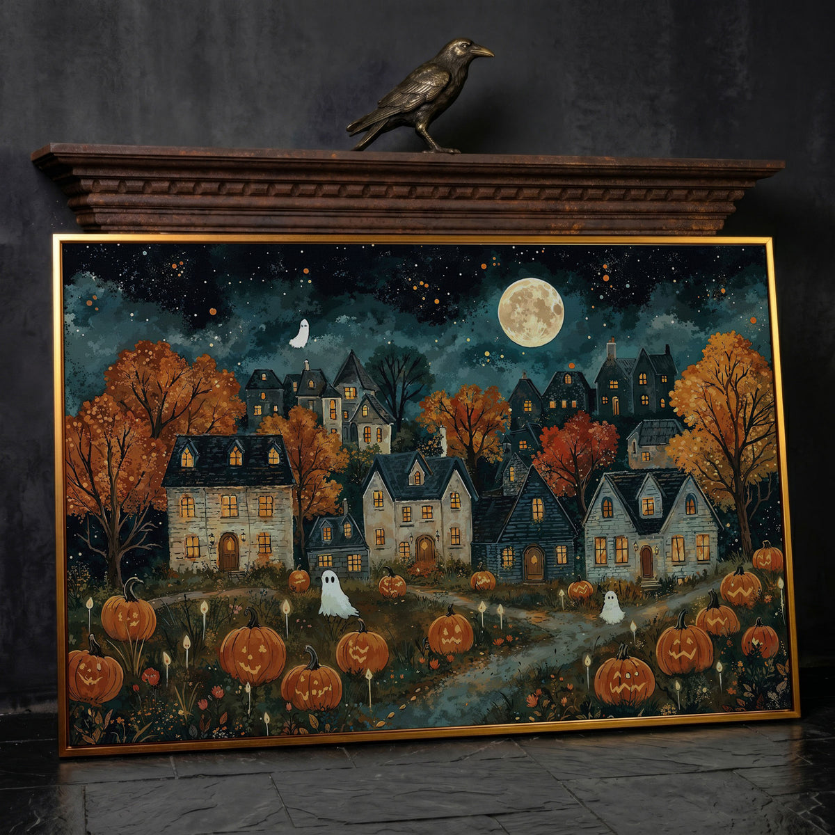 Haunted Village with Pumpkins Canvas in antique gold floating frame