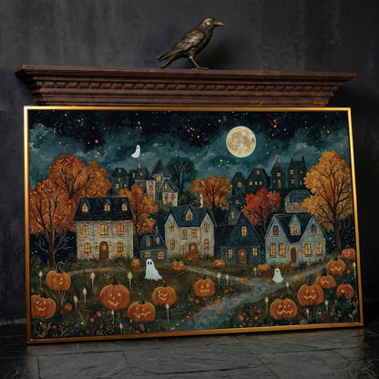 Haunted Village with Pumpkins Canvas in antique gold floating frame