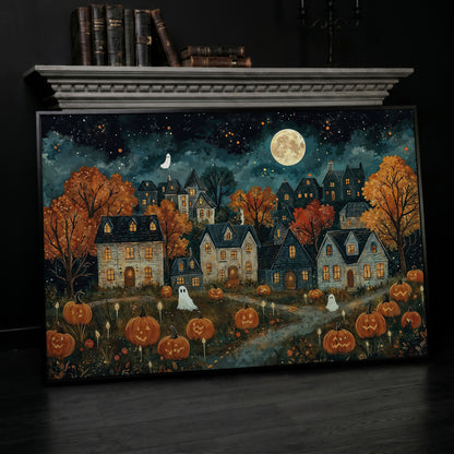 Haunted Village with Pumpkins Canvas in black floating frame