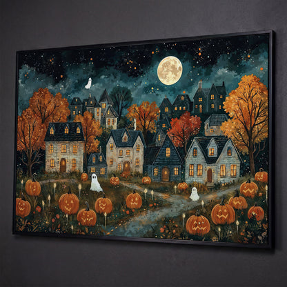 Haunted Village with Pumpkins Canvas shown in black floating frame