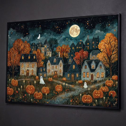 Haunted Village with Pumpkins Canvas shown in black floating frame
