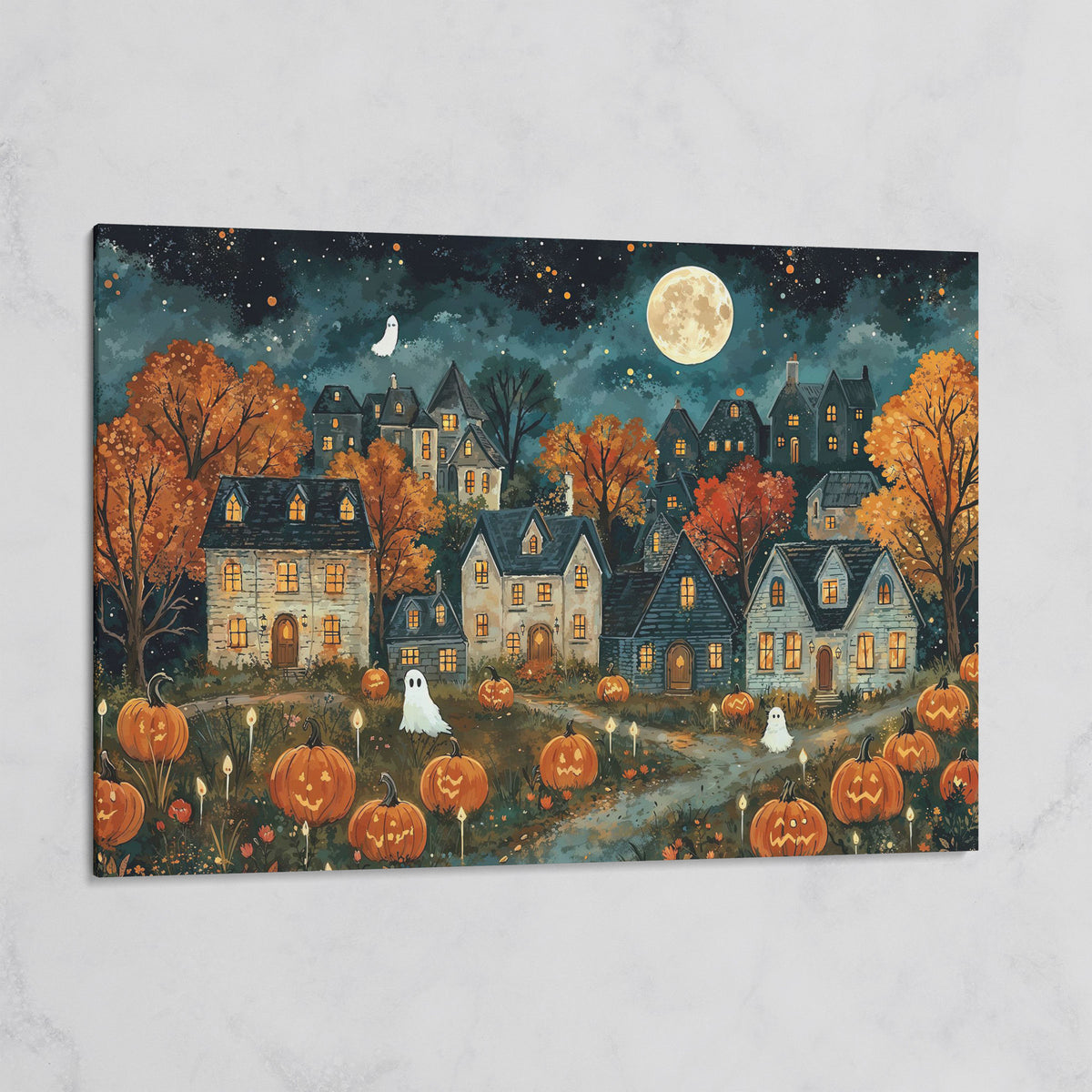 Haunted Village with Pumpkins Canvas on gallery wrap