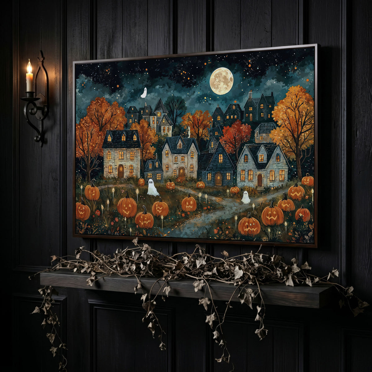 Haunted Village with Pumpkins Canvas in dark walnut floating frame