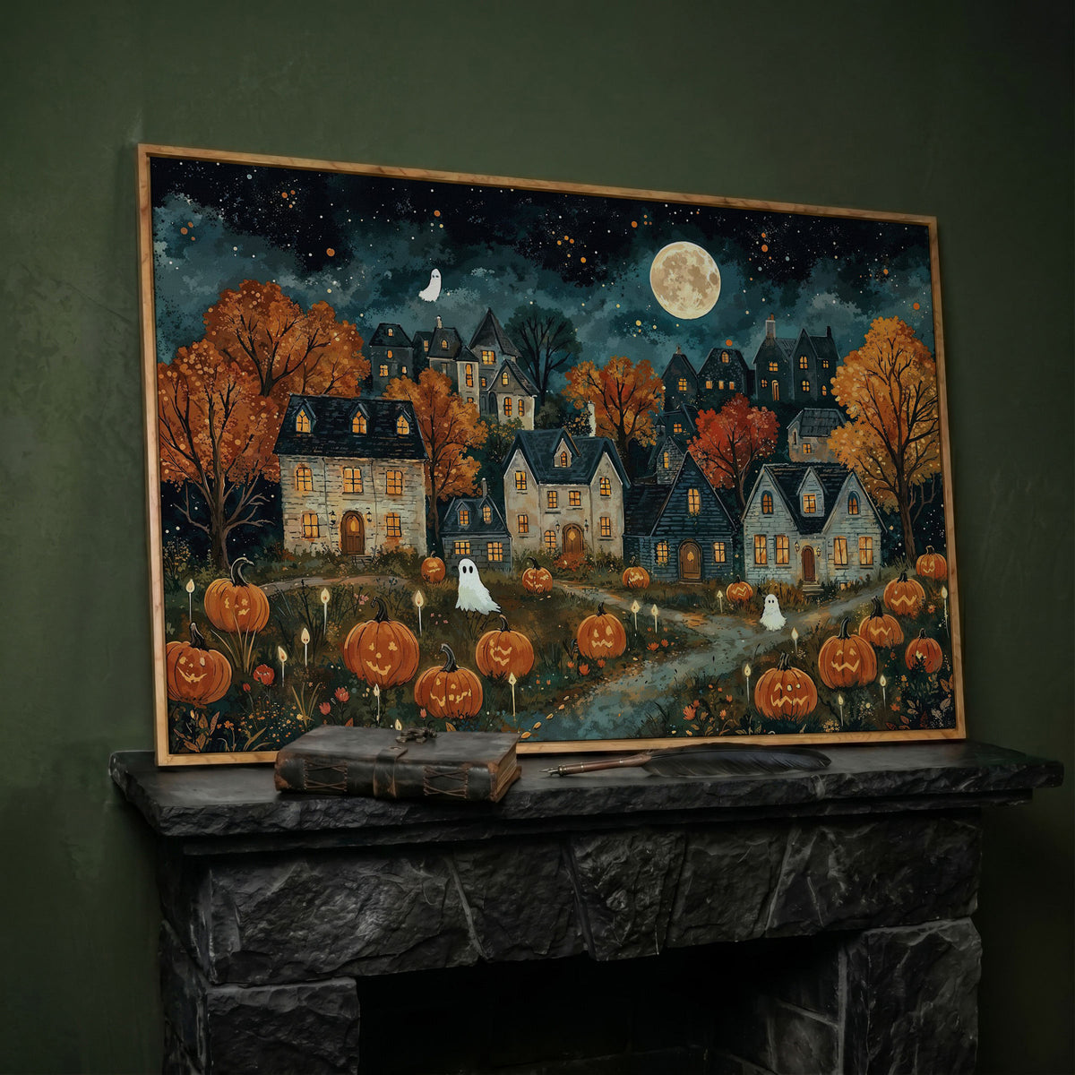 Haunted Village with Pumpkins Canvas in white oak floating frame