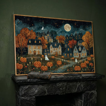 Haunted Village with Pumpkins Canvas in white oak floating frame