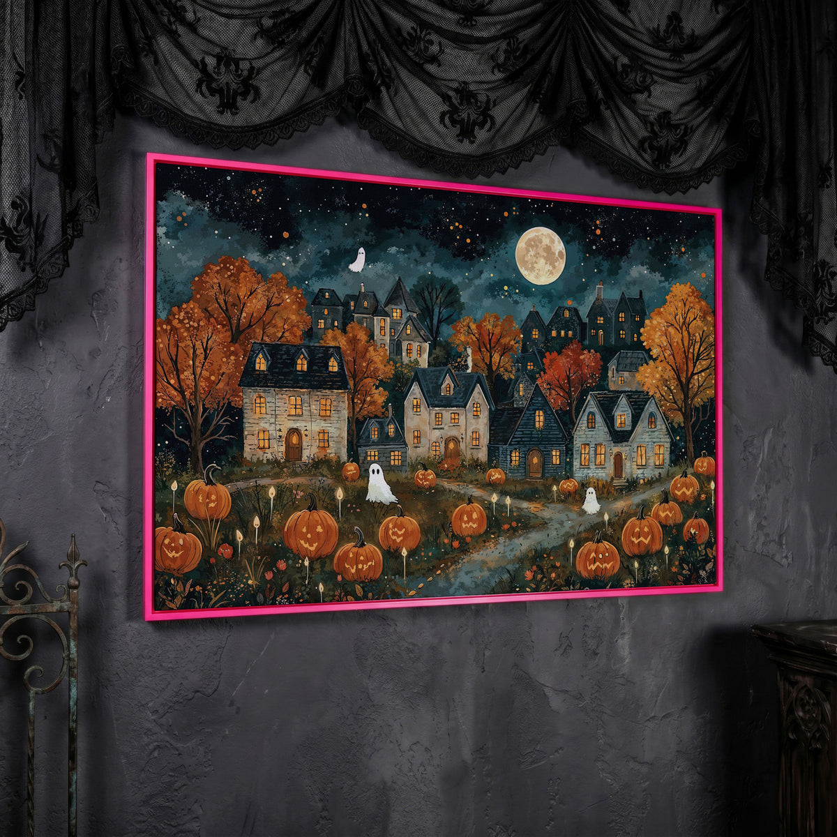 Haunted Village with Pumpkins Canvas in pink floating frame