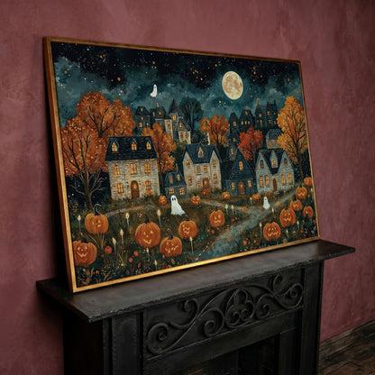 Haunted Village with Pumpkins Canvas in rose gold floating frame