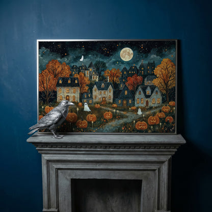 Haunted Village with Pumpkins Canvas in silver floating frame