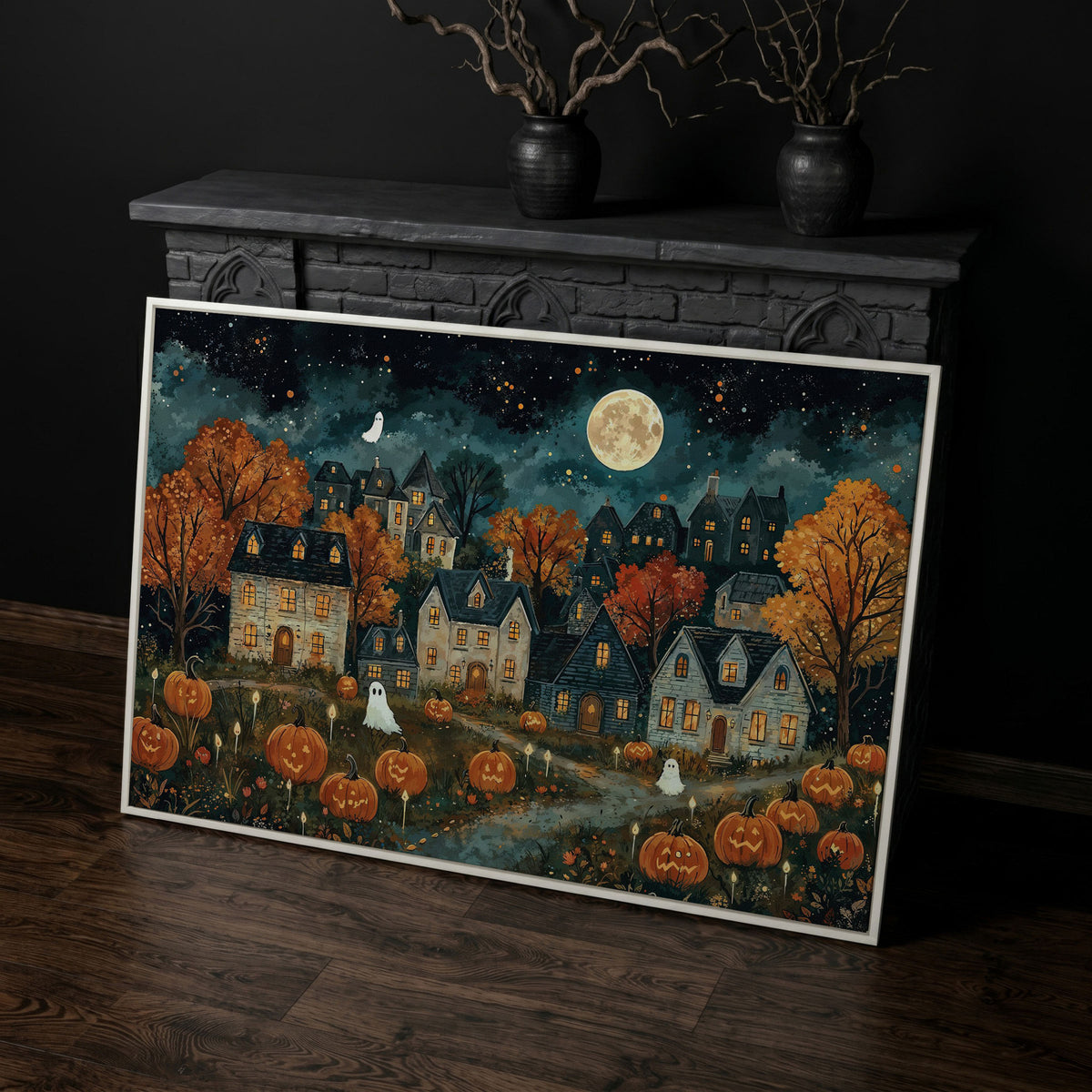 Haunted Village with Pumpkins Canvas in white floating frame