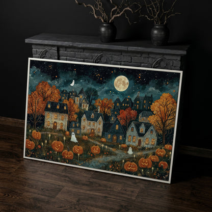 Haunted Village with Pumpkins Canvas in white floating frame