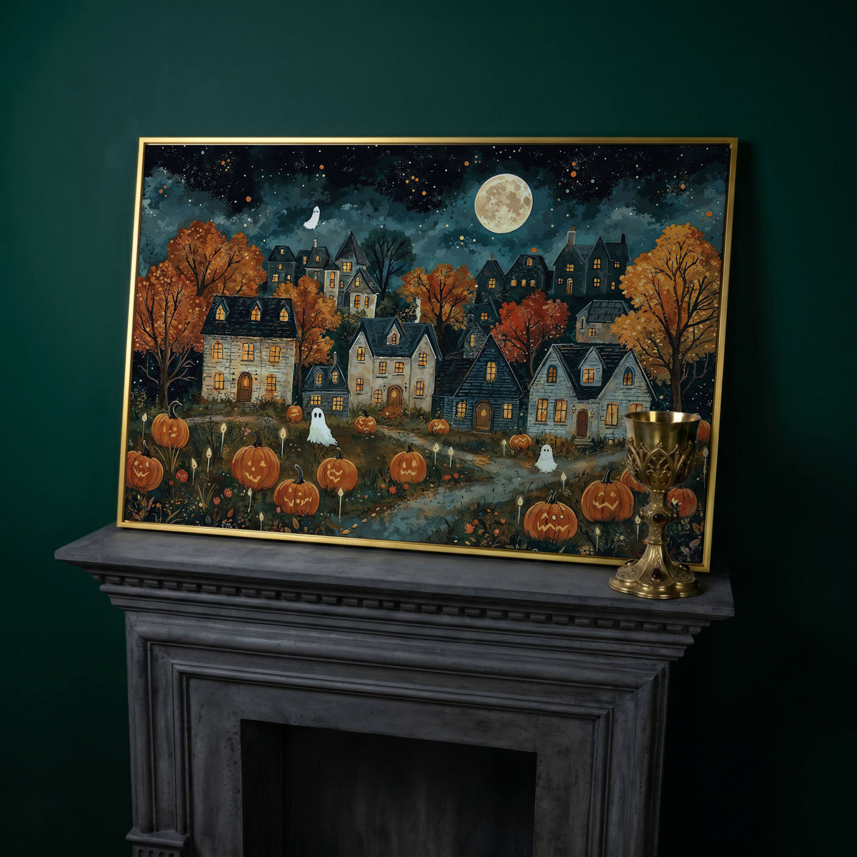 Haunted Village with Pumpkins Canvas in yellow gold floating frame