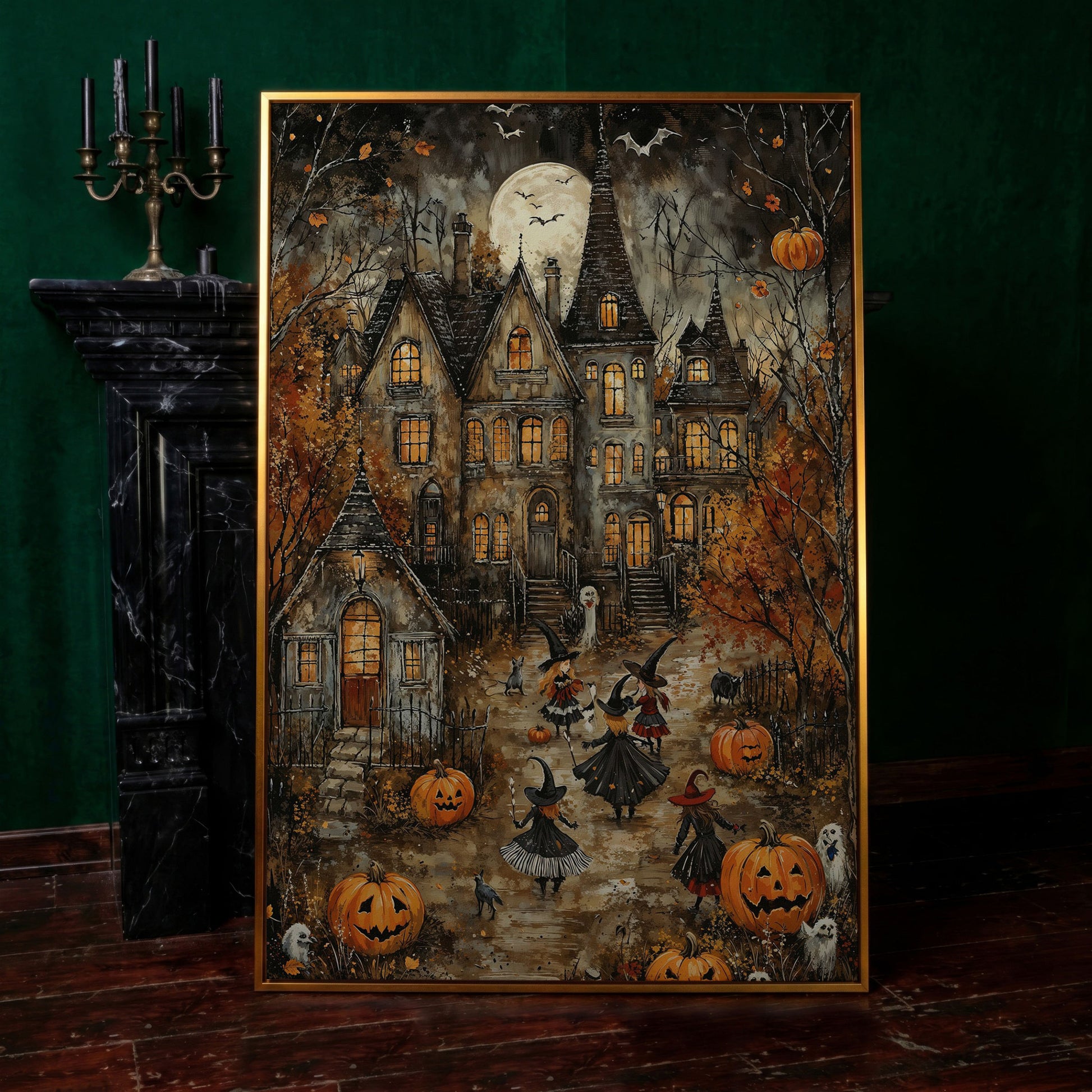 Haunted House with Witches Canvas Print in antique gold floating frame