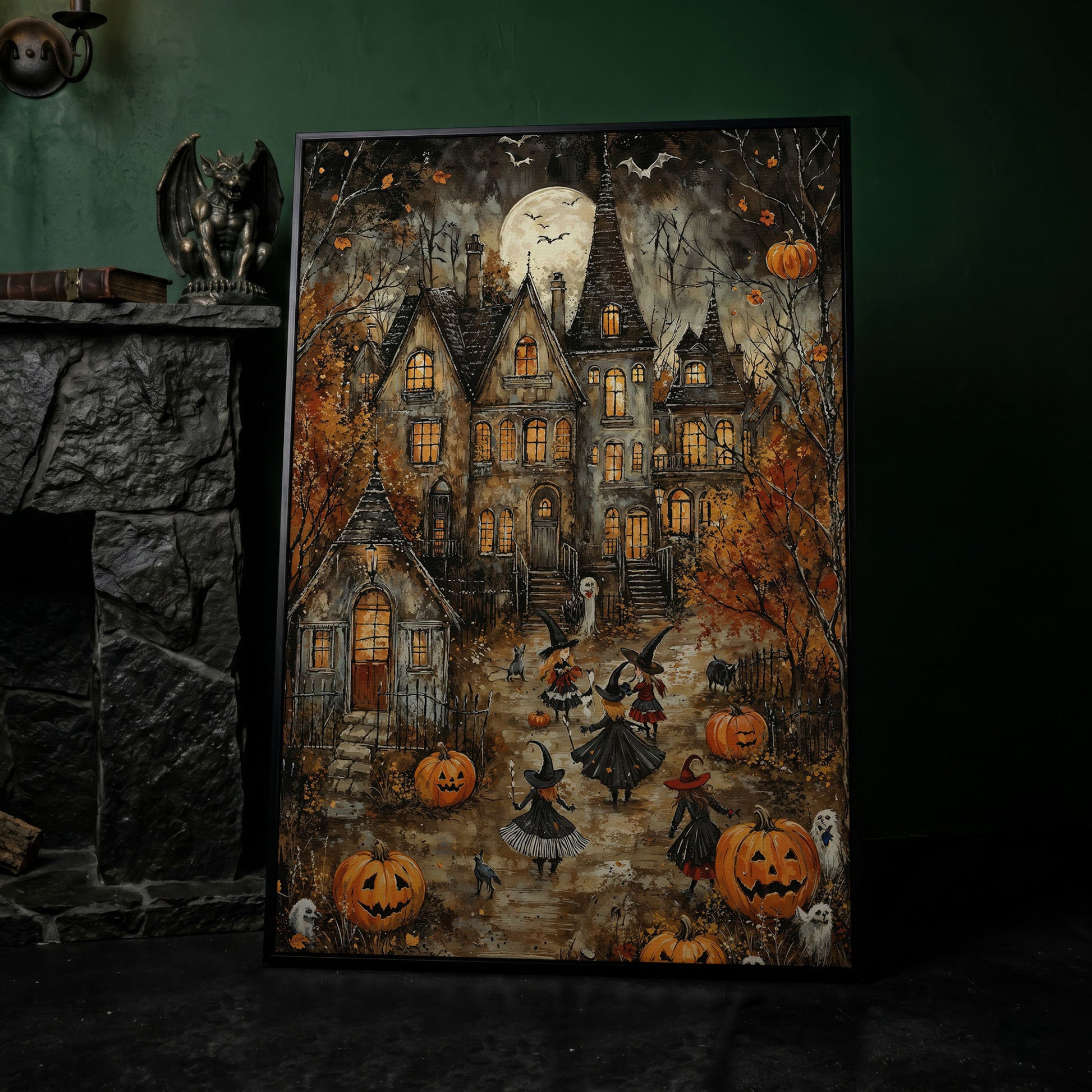 Haunted House with Witches Canvas Print in black floating frame
