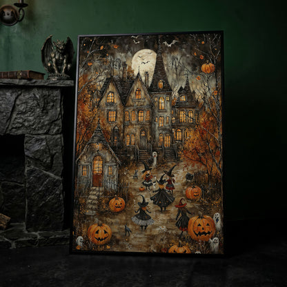 Haunted House with Witches Canvas Print in black floating frame