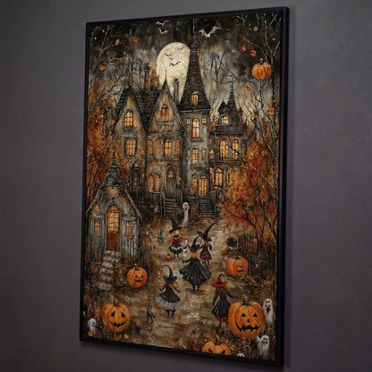 Haunted House with Witches Canvas Print shown in black floating frame