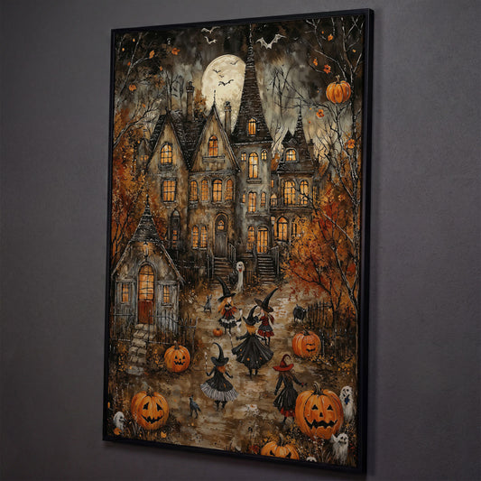 Haunted House with Witches Canvas Print shown in black floating frame