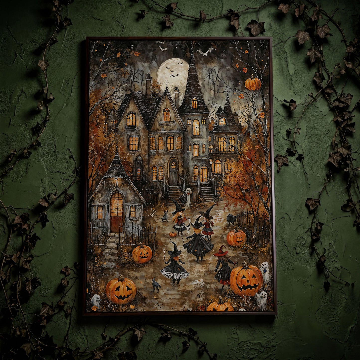 Haunted House with Witches Canvas Print in dark walnut floating frame