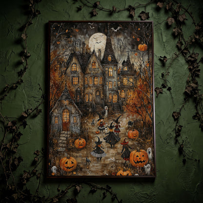 Haunted House with Witches Canvas Print in dark walnut floating frame