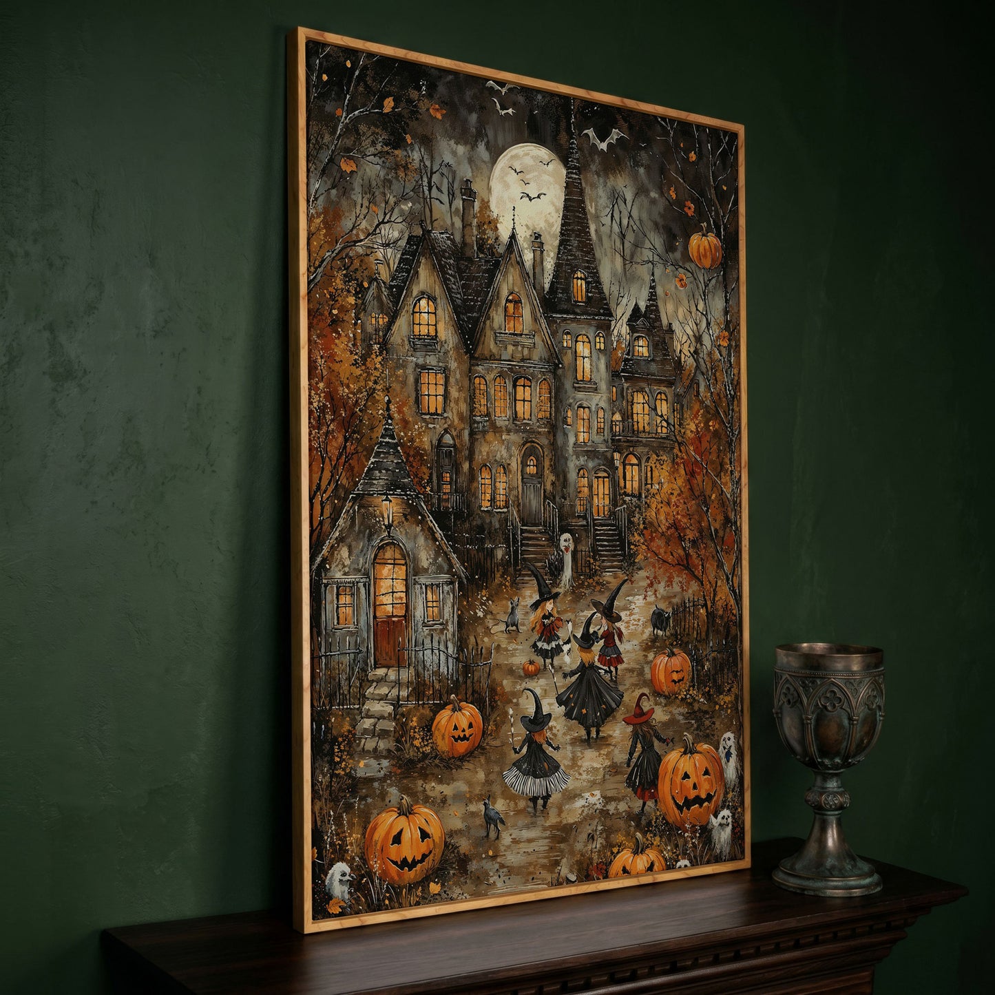 Haunted House with Witches Canvas Print in white oak floating frame