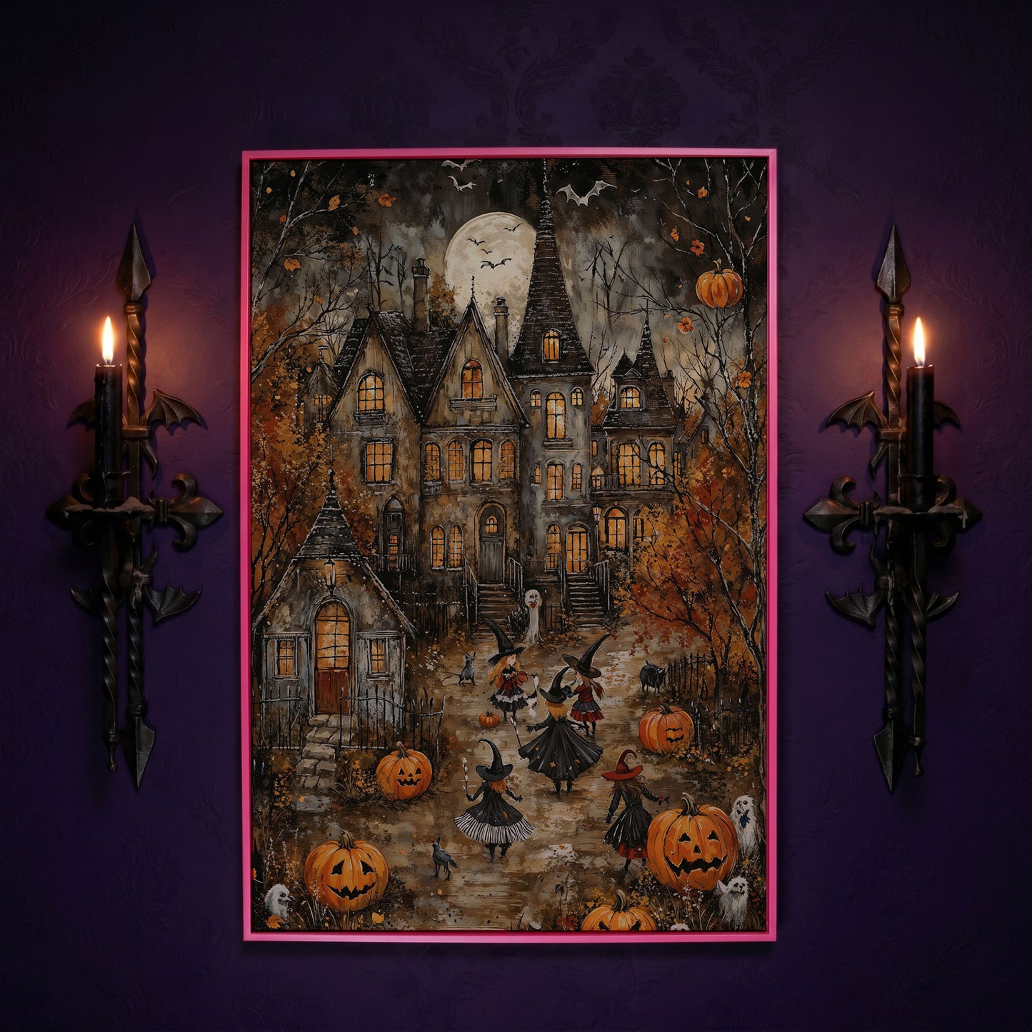 Haunted House with Witches Canvas Print in pink floating frame