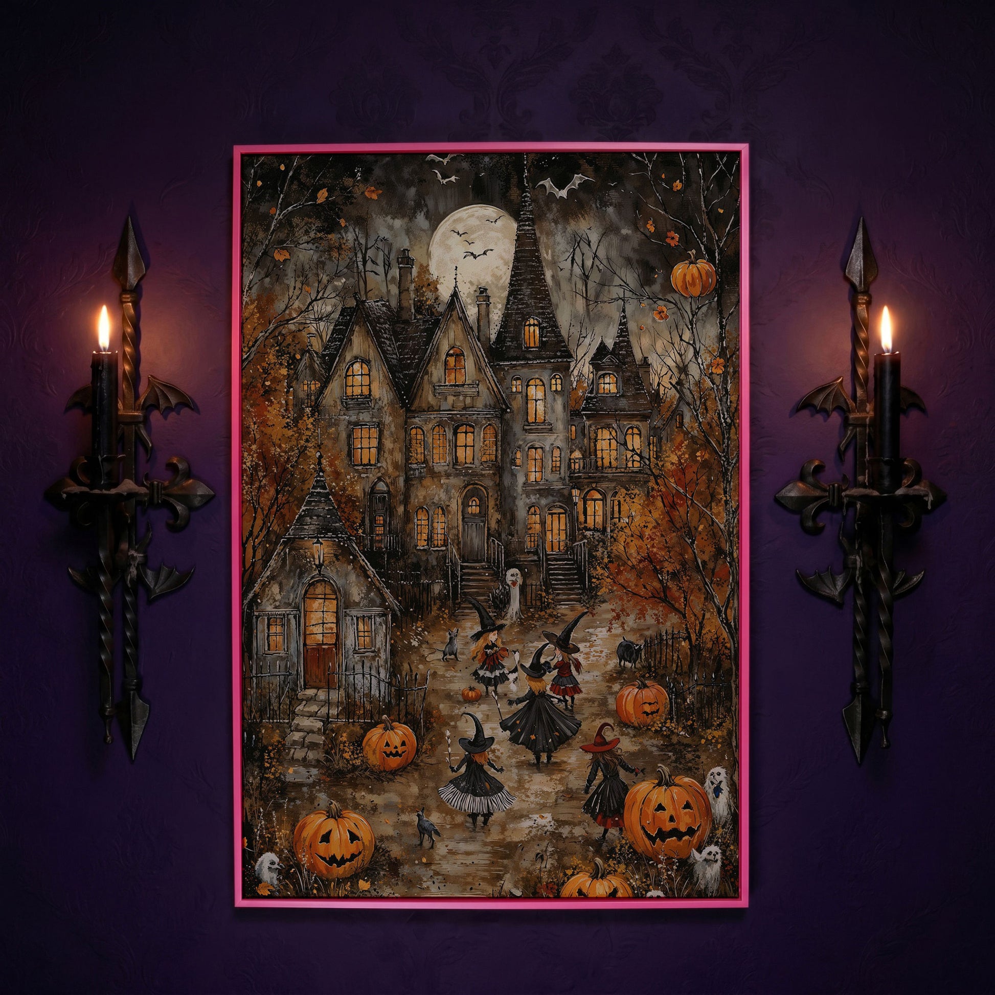 Haunted House with Witches Canvas Print in pink floating frame