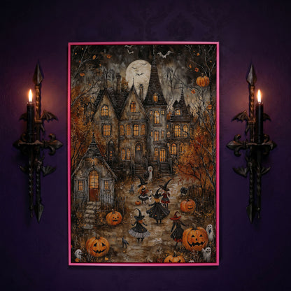 Haunted House with Witches Canvas Print in pink floating frame
