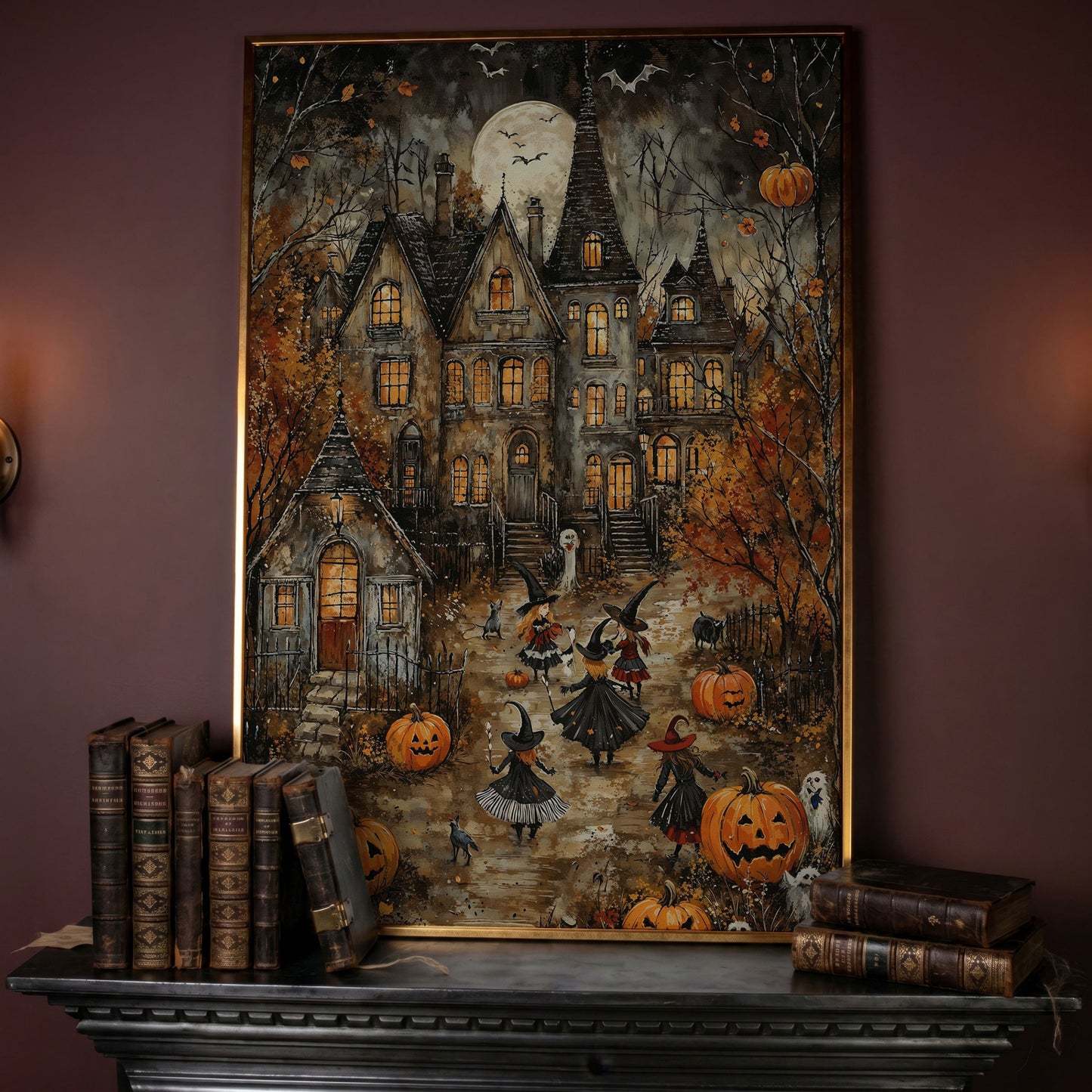Haunted House with Witches Canvas Print in rose gold floating frame