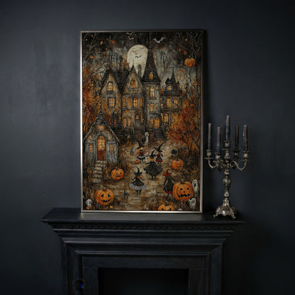 Haunted House with Witches Canvas Print in silver floating frame
