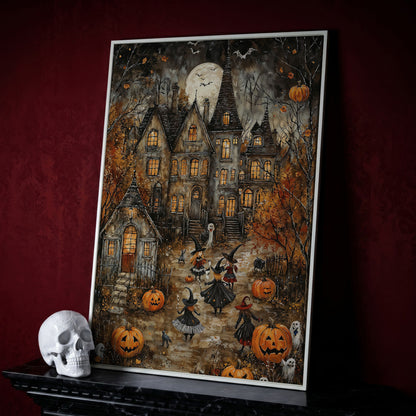 Haunted House with Witches Canvas Print in white floating frame