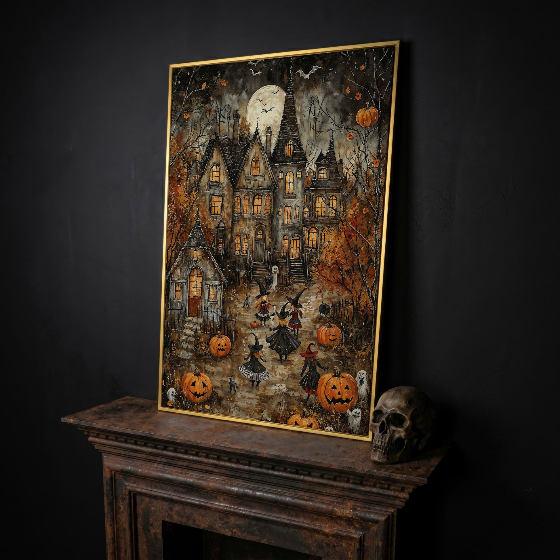 Haunted House with Witches Canvas Print in yellow gold floating frame